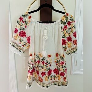 Embroidered Off-Shoulder Floral Tunic - White with Pink & Yellow